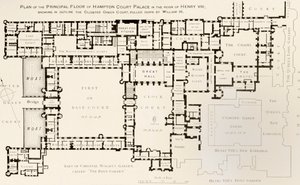 A Hampton Court-palota fő emeletének terve VIII. Henrik király uralkodása alatt, Ernest Law, a Tudor Times-i Hampton Court Palace történetéből, 1885-ben Londonban közzétéve alkotó: English School