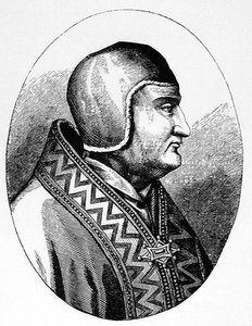 IV. Kelemen pápa (1195-1268 körül) illusztrációja a Tudomány és irodalom a középkorban és a reneszánszban című kötetből, írta és metszette Paul Lacroix, 1878. alkotó: English School