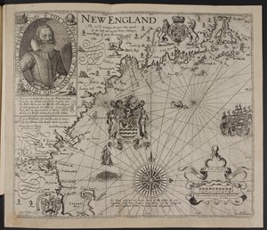 John Smith kapitány portréja. Egy kép New England partjairól, John Smith „A Description of New England: or the Observations…” című könyvében alkotó: English School