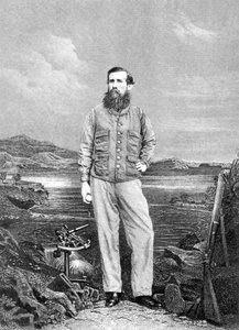 John Speke (1827-64) portréja a Viktória-tó előtt, az 1863-ban megjelent Journal of the Discovery of the Nílus forrás előlapja. alkotó: English School