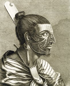 Maori férfi portréja Ta Moko tetoválással alkotó: English School