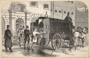 A börtönben foglyokat szedő furgon a fogolyházban, illusztráció a londoni bűnügyi börtönökből és Henry Mayhew és John Binny jelenetei a börtönéletből, kocsma. 1862 alkotó: English School