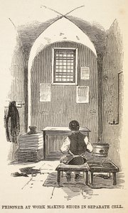 Munkahelyi fogoly cipőt készít külön cellában, illusztráció a londoni büntetőbörtönből és Henry Mayhew és John Binny jelenetei a börtönéletből, kocsma. 1862 alkotó: English School