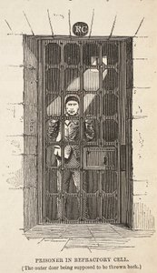 Fogoly a tűzálló cellában (a külső ajtót állítólag vissza kell dobni), illusztráció a londoni büntetőbörtönből, valamint Henry Mayhew és John Binny jelenetek a börtönéletből, kocsma. 1862 (pl alkotó: English School