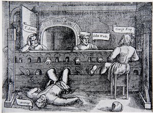 Foglyok a Lollards Towerben, John Foxe (1516-87) Cselekedetei és emlékművéből, 1563, illusztráció a Nemzet története című könyvből alkotó: English School