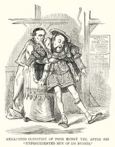 Punch rajzfilm: Szegény VIII. Henrik kimerült állapota 150 éjszakás példátlan futása után (metszet) alkotó: English School