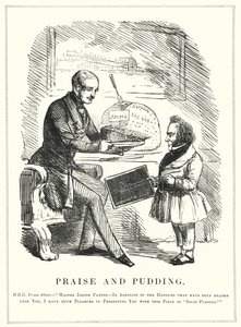 Punch rajzfilm: Dicséret és puding: Albert herceg megjutalmazza Joseph Paxtont a Crystal Palace megtervezéséért, hogy otthont adjon a sikeres 1851-es Nagy Kiállításnak a londoni Hyde Parkban (metszet) alkotó: English School