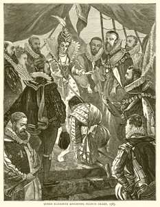 Erzsébet királynő lovaggá üti Francis Drake-et, 1585 alkotó: English School