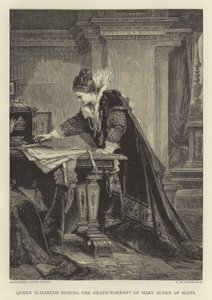 Erzsébet királynő aláírja Mária skót királynő halálos ítéletét alkotó: English School