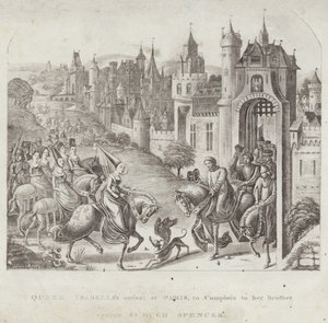 Izabella királynő érkezése Párizsba, hogy panaszt tegyen testvérének Sir Hugh Spencer ellen alkotó: English School