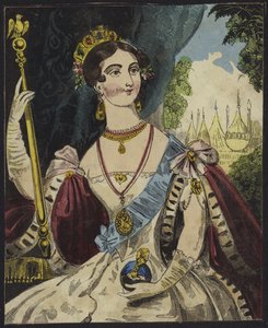 Viktória királynő gömböt és jogart tart a kezében (színes metszet) alkotó: English School