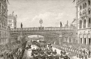 A viktoriánus királynő 1869-ben megnyitott Holborn viaduktja, William Hickman Smith Aubrey (1858-1916) „Anglia nemzeti és hazai története” című könyvéből, London, 1890 körül. alkotó: English School