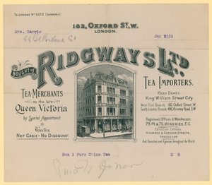 Nyugta a Ridgways-től, teaimportőröktől, 182 Oxford Street, London alkotó: English School