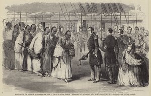 A japán nagykövetek fogadása a Roanoake nevű amerikai gőzfregatton Aspinwallban, április 25-én, W. J. McCluney zászlós és Gardner kapitány által (metszet). alkotó: English School