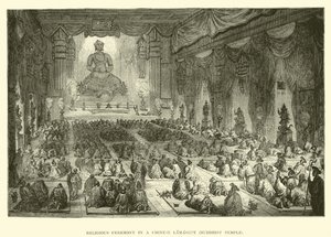 Vallási szertartás a kínai Lamaseryben, a buddhista templomban alkotó: English School