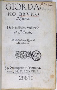 Res 28610 A De lInfinito Universo et Mondi címlapja, Giordano Bruno, kiadta Londonban, 1584 (nyomtatott papír) alkotó: English School