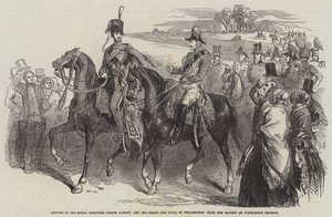 Ő Királyi Fensége Albert herceg és Ő kegyelme, Wellington hercegének visszatérése a Wimbledon Commonról szóló áttekintésből (metszet) alkotó: English School