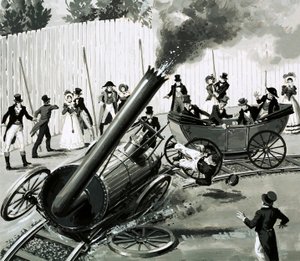 Richard Trevithick egy kis körvasutat épített Londonban, hogy megismertesse az emberekkel a vasúti utazást (gouache papíron) alkotó: English School