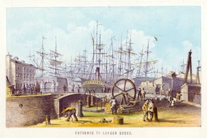 Temze: London Docks bejárata (színes metszet) alkotó: English School