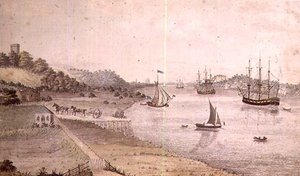 Folyói táj hajózás és a Dover Coach, 1800 körül (toll és mosás) (72977 pár) alkotó: English School