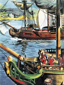 Robert Clive felhajózik a Bengáli-öbölön a Gangesz torkolatáig alkotó: English School