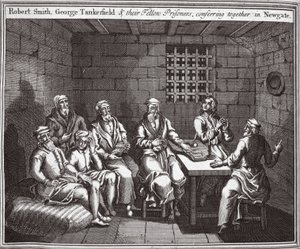 Robert Smith, George Tankerfield és rabtársaik együtt tanácskoznak Newgate-ben, illusztráció a Foxes Martyrs c.1703-ból alkotó: English School