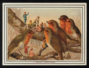 Robins és egy csoport előadóművész, karácsonyi üdvözlőlap. (chromolitho) alkotó: English School