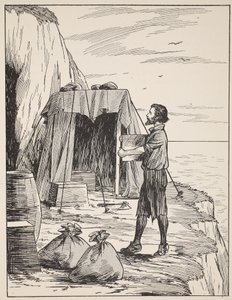Robinson Crusoe építette menedékét, illusztráció a The Story of Robinson Crusoe-ból: Adaptáció gyerekeknek Defoes nyelvét követve, pub. Griffith Farran Browne & Co. Limited, London alkotó: English School
