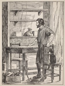 Robinson Crusoe asztalt és székeket épít a barlangjába, illusztráció a The Story of Robinson Crusoe-ból: Adaptáció gyerekeknek Defoes nyelvezetét követve, pub. írta: Griffith Farran Browne & Co. Limit alkotó: English School