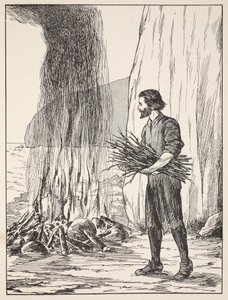 Robinson Crusoe főzés, illusztráció a The Story of Robinson Crusoe-ból: Adaptáció gyerekeknek Defoes nyelvét követve, pub. Griffith Farran Browne & Co. Limited, London alkotó: English School