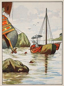 Robinson Crusoe megment egy kutyát egy spanyol hajótörésből, illusztráció a The Story of Robinson Crusoe-ból: Adaptáció gyerekeknek Defoes nyelvét követve, pub. írta Griffith Farran Browne & Co. Limi alkotó: English School