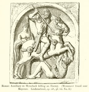 Római segédcsapat lóháton megöl egy ellenséget. (Mayence mellett talált emlékmű. Lindenschmit, op. cit., vii. 3. sz.) alkotó: English School