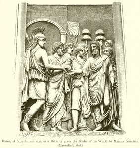 Az emberfeletti méretű Róma, mint istenség, Marcus Aureliusnak adja a Világ Földgömbjét. (Déldombormű; uo.) alkotó: English School