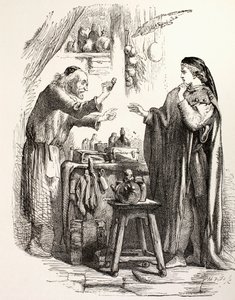 Rómeó mérget vásárol a patikustól, illusztrációt a Rómeó és Júliától, a „The Illustrated Library Shakespeare”-ből, 1890-ben Londonban (litho) alkotó: English School