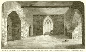 A londoni Tower Beauchamp-toronyának szobája, amelyben Lord Guildford Dudley-t bebörtönözték, 1554 alkotó: English School