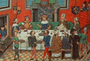 Roy 14 E IV f.244v Lancaster hercege Portugália királyával vacsorázik. III. „II. Richárd koronázásától 1387-ig”, Jean de Batard Wavrin alkotó: English School