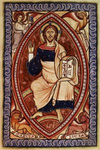 Roy 2 A XXII f.14 Krisztus felségben az evangélisták szimbólumaival, a Westminster Zsoltárból, 1250 körül (vellum) alkotó: English School