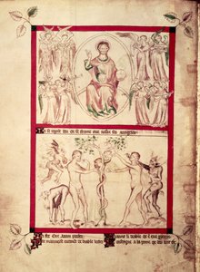 Roy 2 B VII f.3v Isten egy mandorlában, zenész angyalokkal körülvéve, Éva megkísértése, Zsoltáros Mária királynőtől, 1310-20 körül (vellum) alkotó: English School