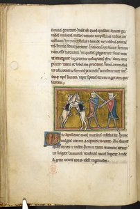 Királyi 12 F.XIII, f.42v Két lovag harcol gyalog karddal, míg lovaik hátulsó lábakon küzdenek egymással. , Bestiaryból (ff. 3-141), Lapidary (ff. 141v-149)  , 13. század 2. negyede (vellum) alkotó: English School