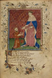 Royal 17 D. VI, f.40 Thomas Hoccleve letérdelve felajánlja könyvét V. Henrik királynak. Illusztráció a "The Regement of Princes" című könyvből, Thomas Hoccleve (vellum) alkotó: English School
