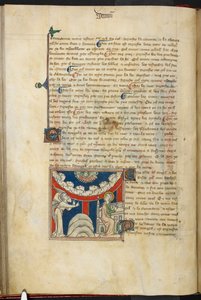 Royal 19 B.XV, f.17v Egy oroszlán szája és egy megfordított felhőíven hat fej, amelyek a hét mennydörgést jelképezik: lent balra az angyal, jobbra pedig János, aki éppen a könyvbe ír, innen: The Queen Mary Apocalypse, angol iskola (14. század) alkotó: English School