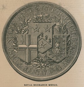 Királyi csereérem, amelyet a Királyi Tőzsde 1844-es megnyitásának emlékére ütöttek alkotó: English School