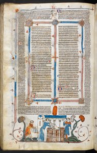 Royal MS 10 IV f.297v Pestis áldozatának fürdetése és marginális díszítés, illusztráció a „The Smithfield Decretals”-ból (vellum) alkotó: English School