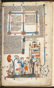 Royal MS 10 IV f.314r A király, királynő és kastélyuk marginális díszítéssel, illusztráció a "Smithfield Decretals"-ból (vellum) alkotó: English School
