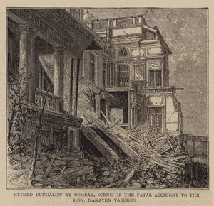 Romos bungaló Bombayban, a tisztelt Narayen Vasudeo halálos balesetének színhelye (metszet) alkotó: English School