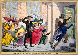 Futás fedezékbe a Bore családdal teljes kiáltásban, 1830 körül (kézzel színezett metszet) alkotó: English School