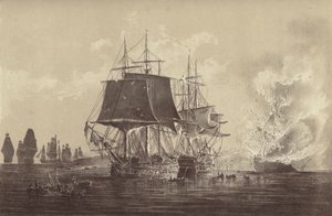 A Vsevolod orosz hajót az orosz flotta jelenlétében megsemmisítették a svéd haditengerészethez csatolt és Thomas Byam Martin kapitány parancsnoksága alatt álló HMS Implacable-vel a Balti-tengeren, 1808. augusztus 26. (litho) alkotó: English School