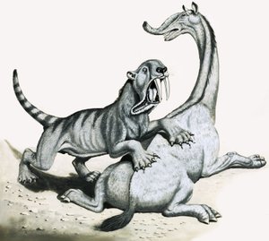 Kardfogú tigris megtámad egy azonosítatlan őskori lényt alkotó: English School