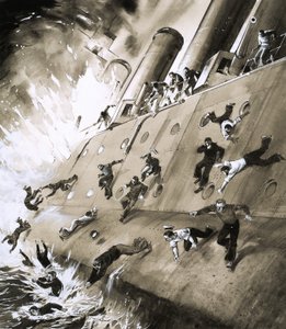 A tengerészek megszöktek a HMS Natal elől, amely kigyulladt Cromarty Firthben 1915-ben alkotó: English School