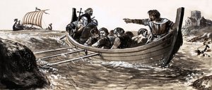Saint Malo megszökik a portyázó vikingek elől (guache papíron) alkotó: English School